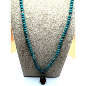 Turquoise Howlite Beaded Necklace With Tiger Eye Pendant.  B75